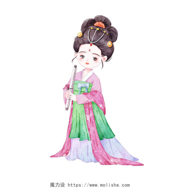 古风少女手绘复古中国风国潮古装汉服古典美女侍女png素材插画